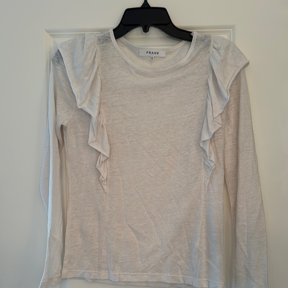 Frame White Ruffle Long Sleeve Top